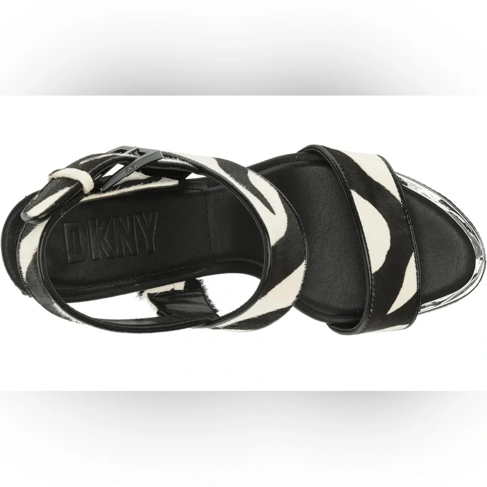 DKNY Yadira Double Strap Platform Heeled Sandal Black White Zebra Print Size 9